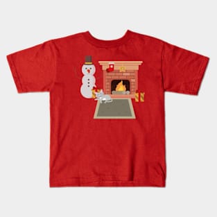 Christmas cozy cats near fireplace Kids T-Shirt